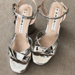 Zara shiny metallic silver platform heels sandals